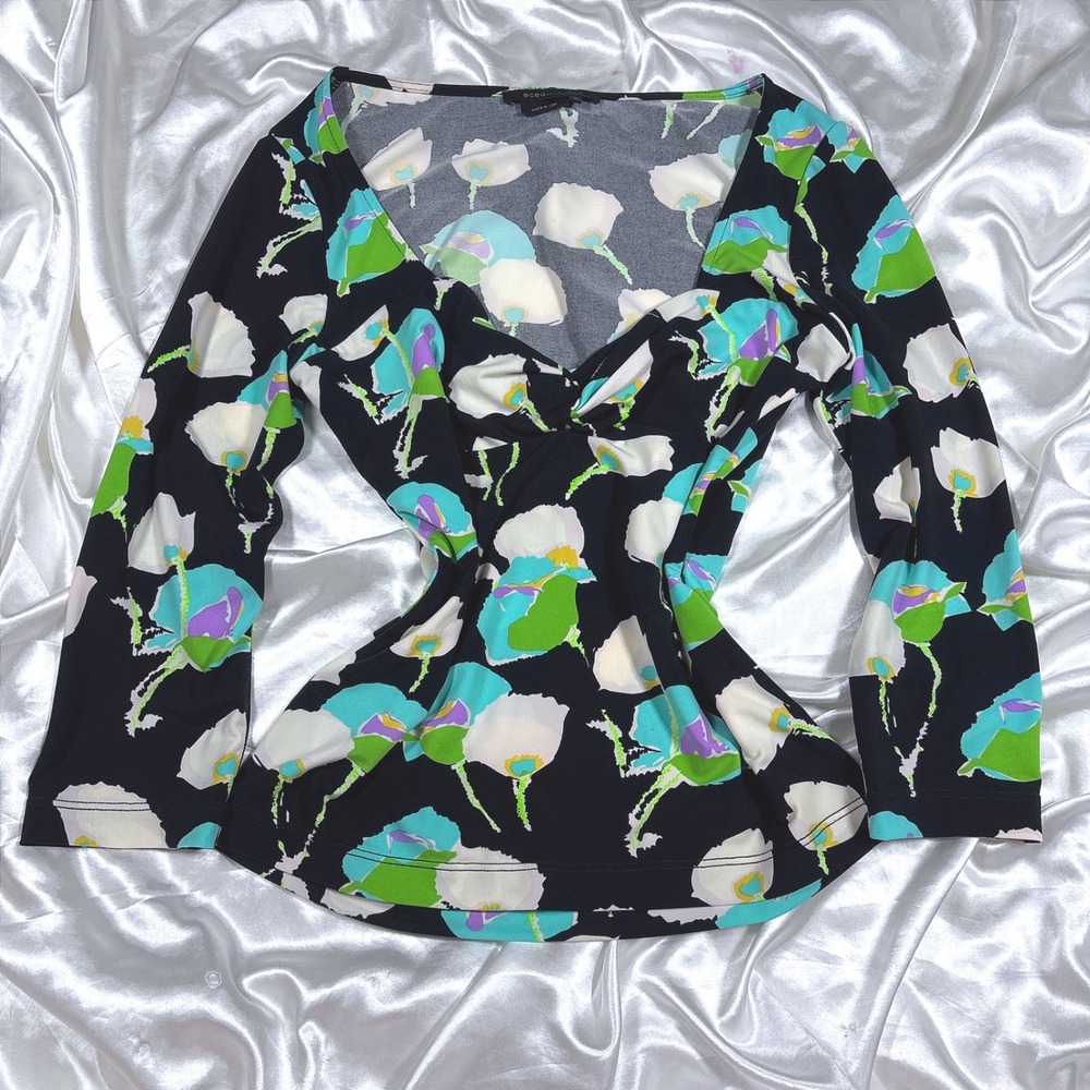 y2k BCBGMAXAZRIA Top Black Excellent Floral Sweetheart Knot Long Sleeve Blouse